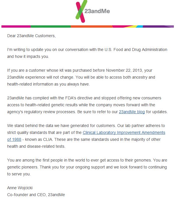 Letter from 23andMe's CEO (6 Dec 2013)
