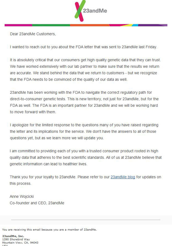 27andMe E-mail to Customers 27 Nov 2013