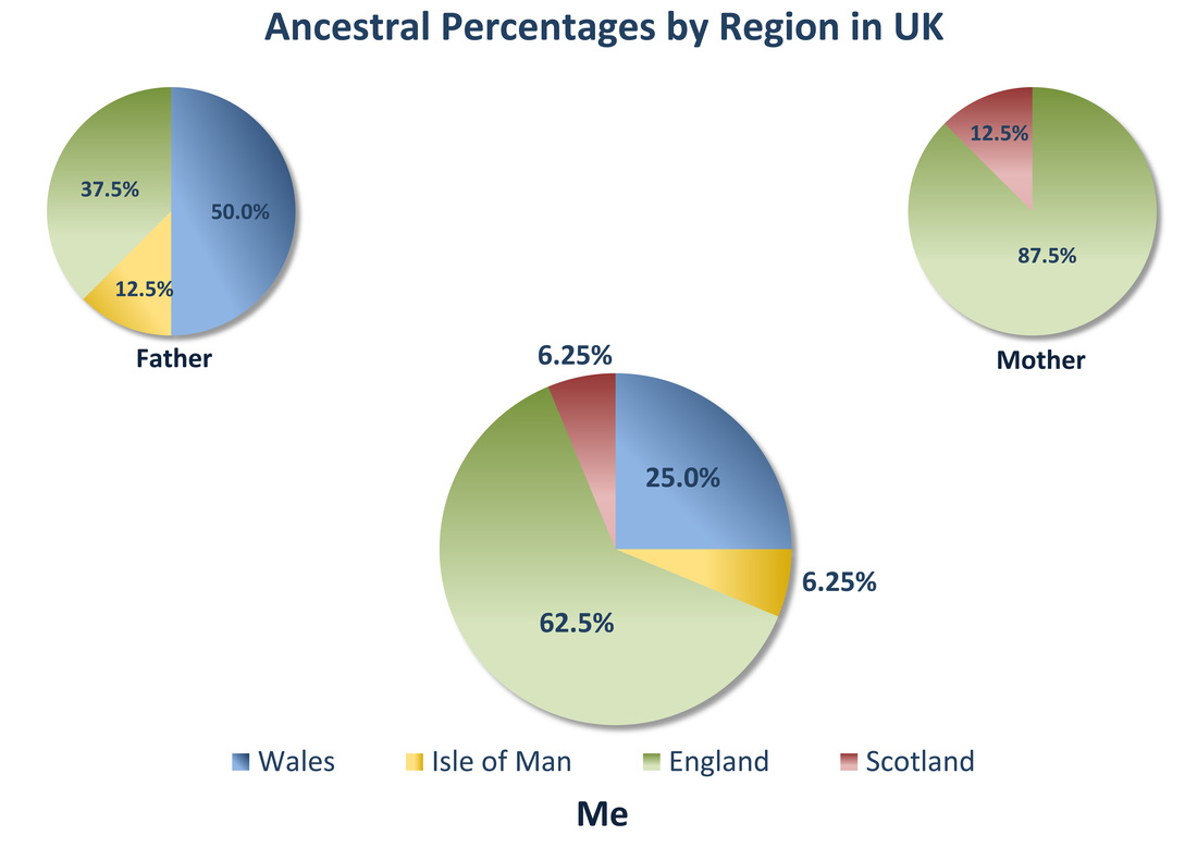 Ancestral Percentage Pie Charts: Me and Parents