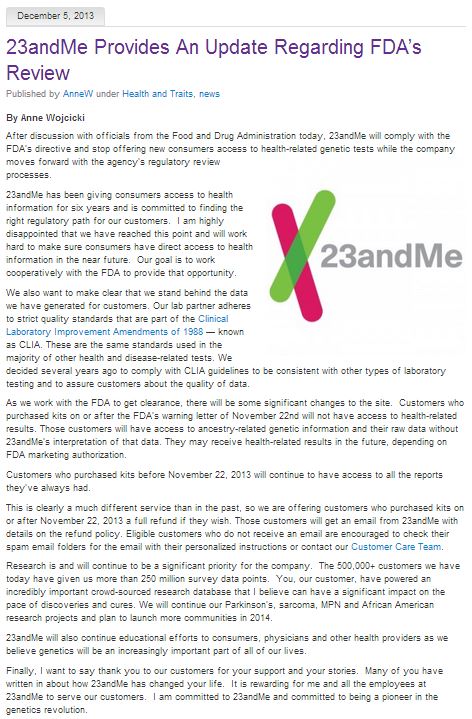 23andMe Blog Posting 5 Dec 2013