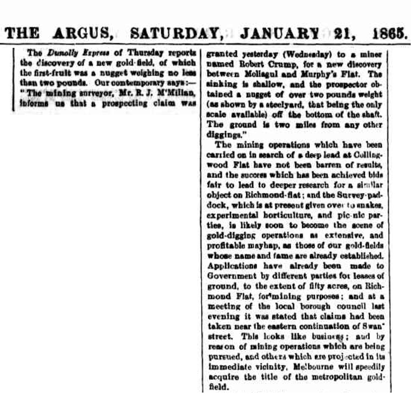 Newspaper Article, The Argus (21 Jan 1865)