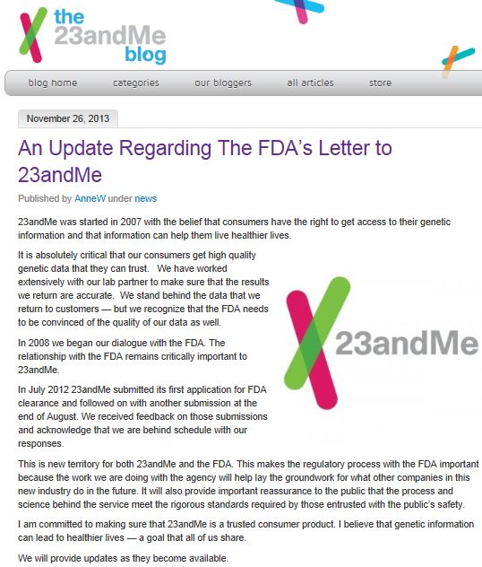 23andMe Blog Posting 26 Nov 2013